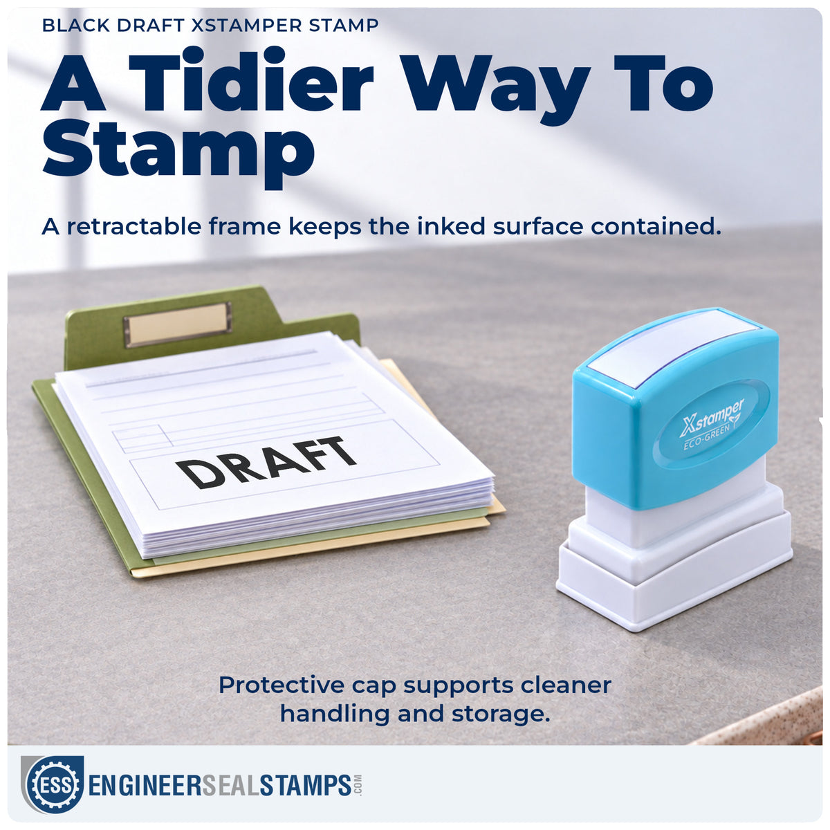 Features of the "Draft" Xstamper No. 1068 pre-inked stamp