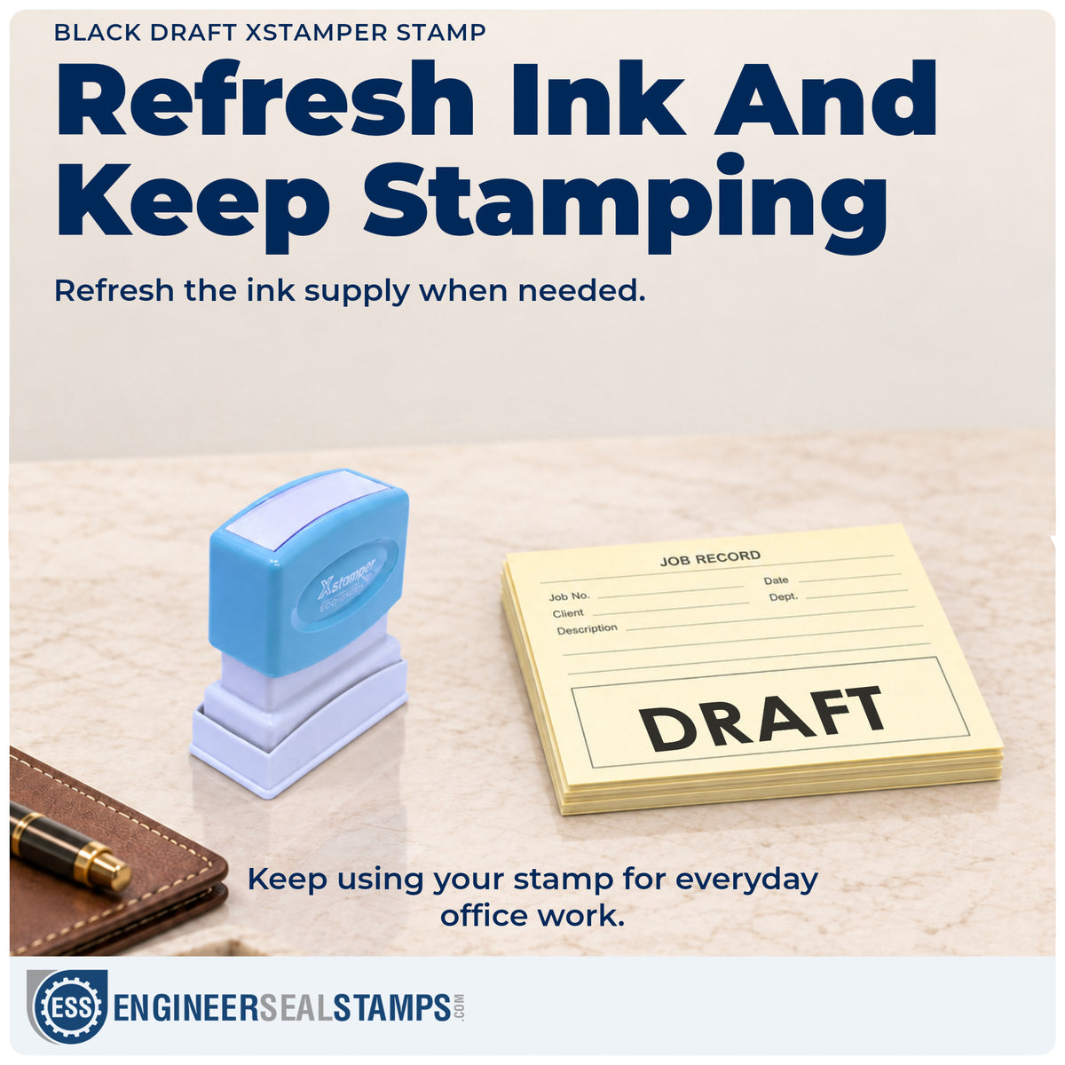 Re-inkable "Draft" stamp built for thousands of repeat impressions