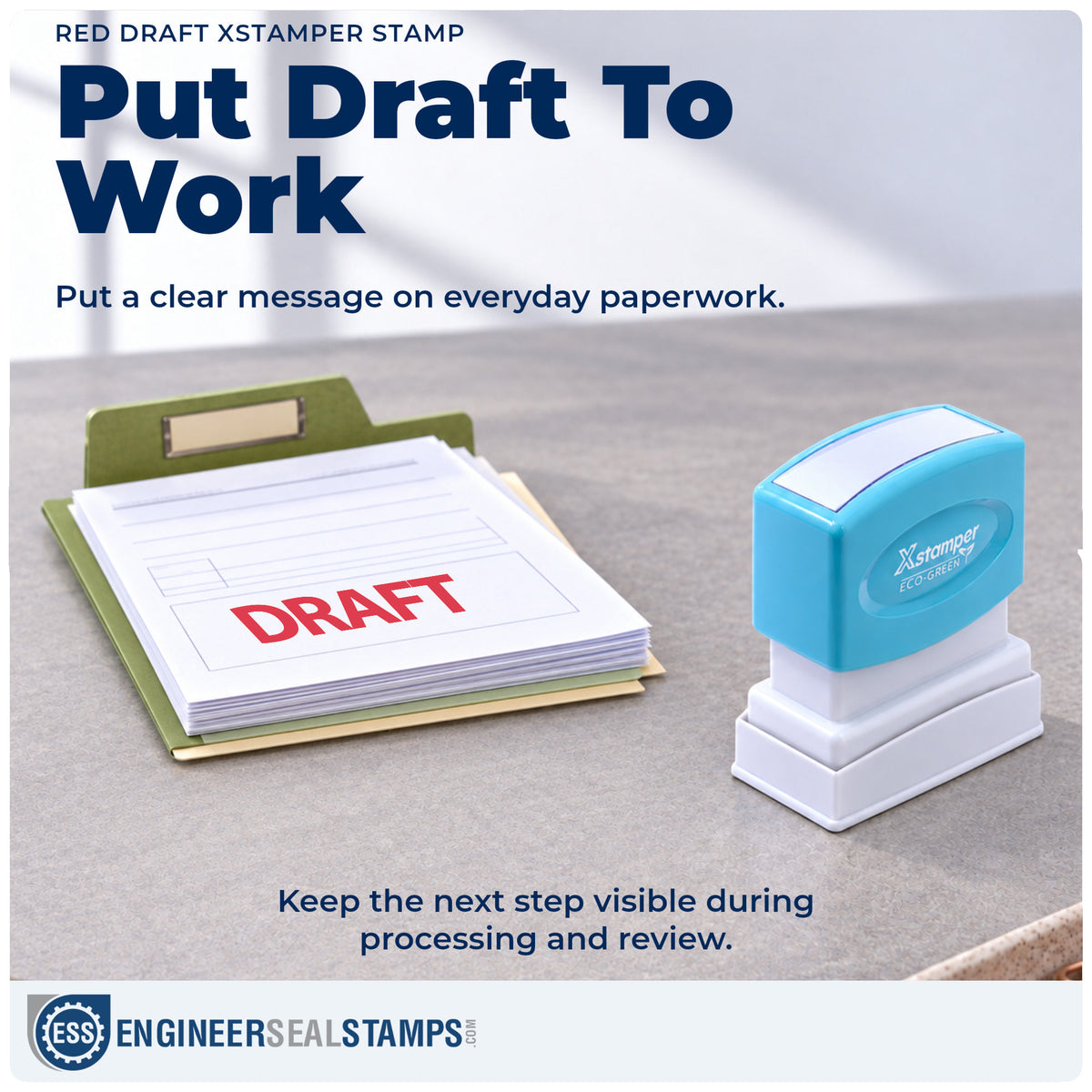 "Draft" stamp being pressed onto a document during everyday filing