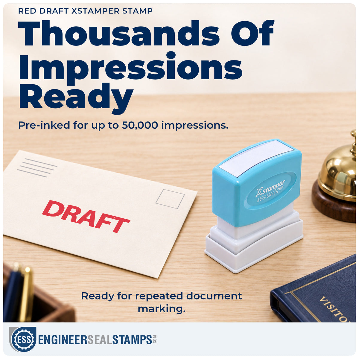 Re-inkable "Draft" stamp built for thousands of repeat impressions