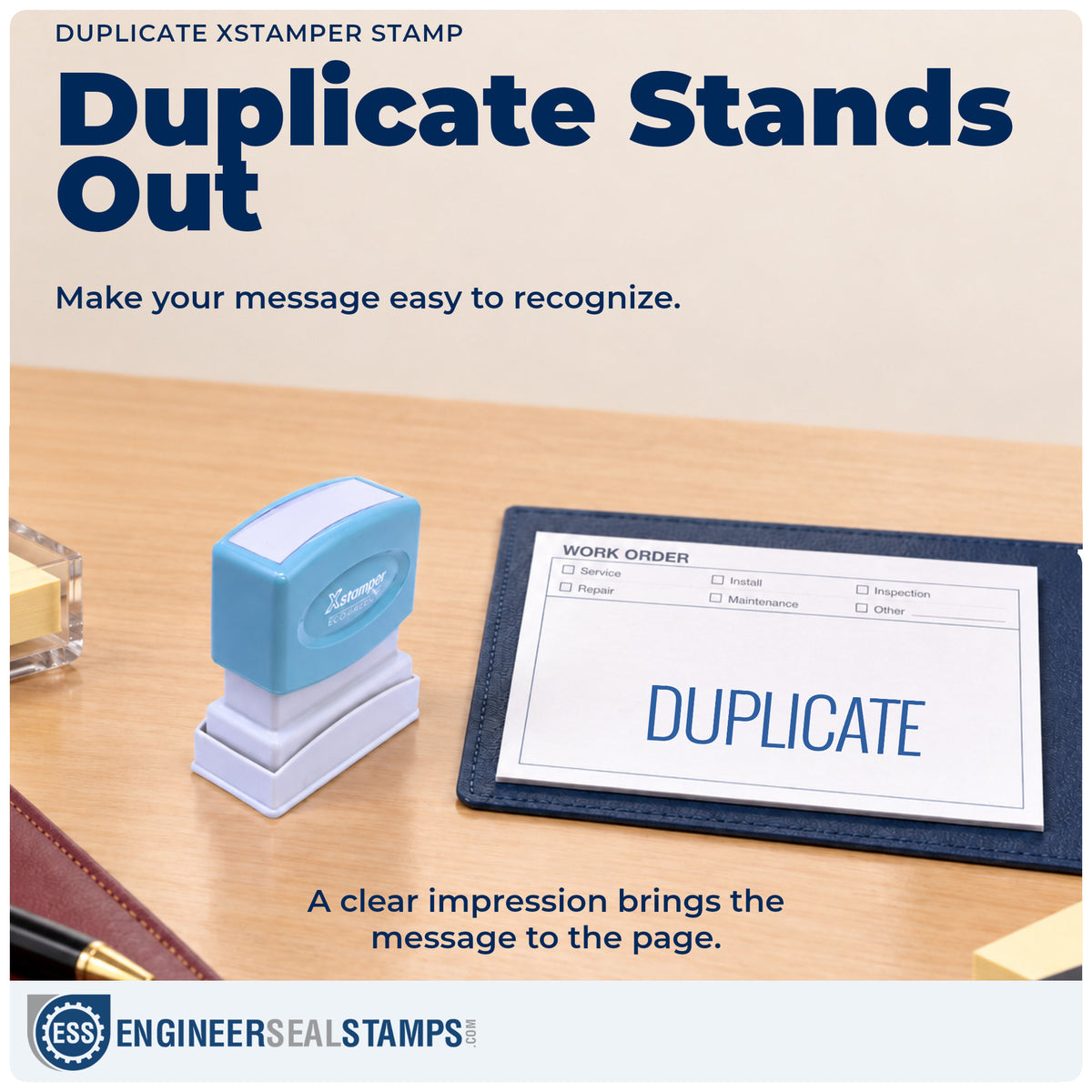 "Duplicate" imprint on office paperwork beside the Xstamper Duplicate Document Stamp – Pre-Inked