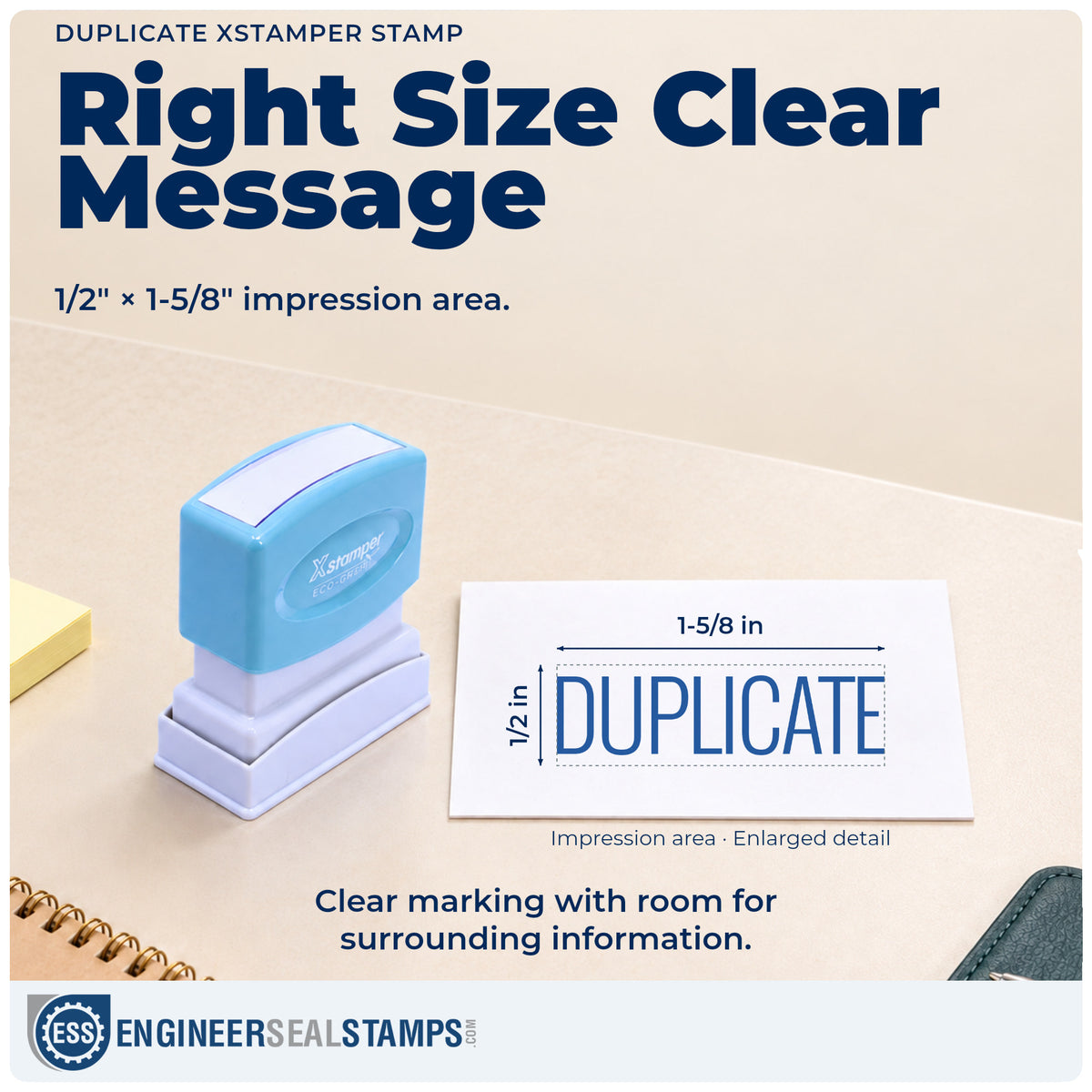Impression size guide: the "Duplicate" imprint measures 1/2 x 1-5/8 in