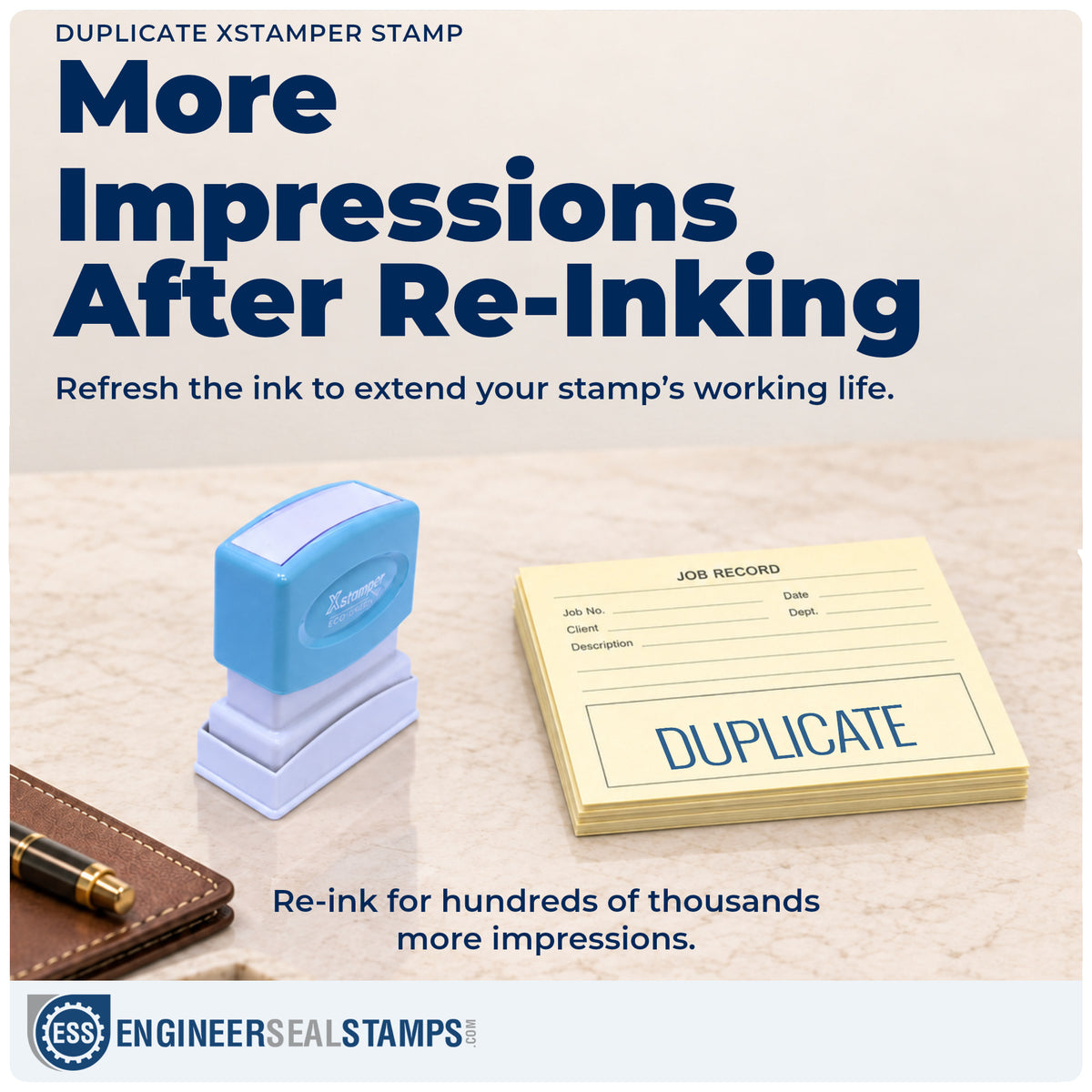 Re-inkable "Duplicate" stamp built for thousands of repeat impressions