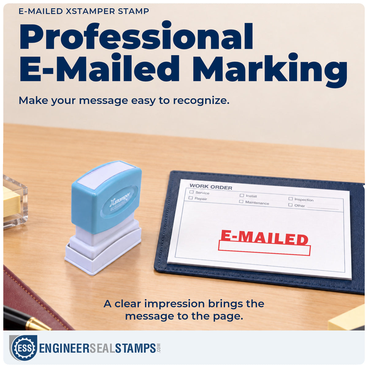 "E-mailed" imprint on office paperwork beside the Xstamper E-Mailed Office Stamp – Pre-Inked