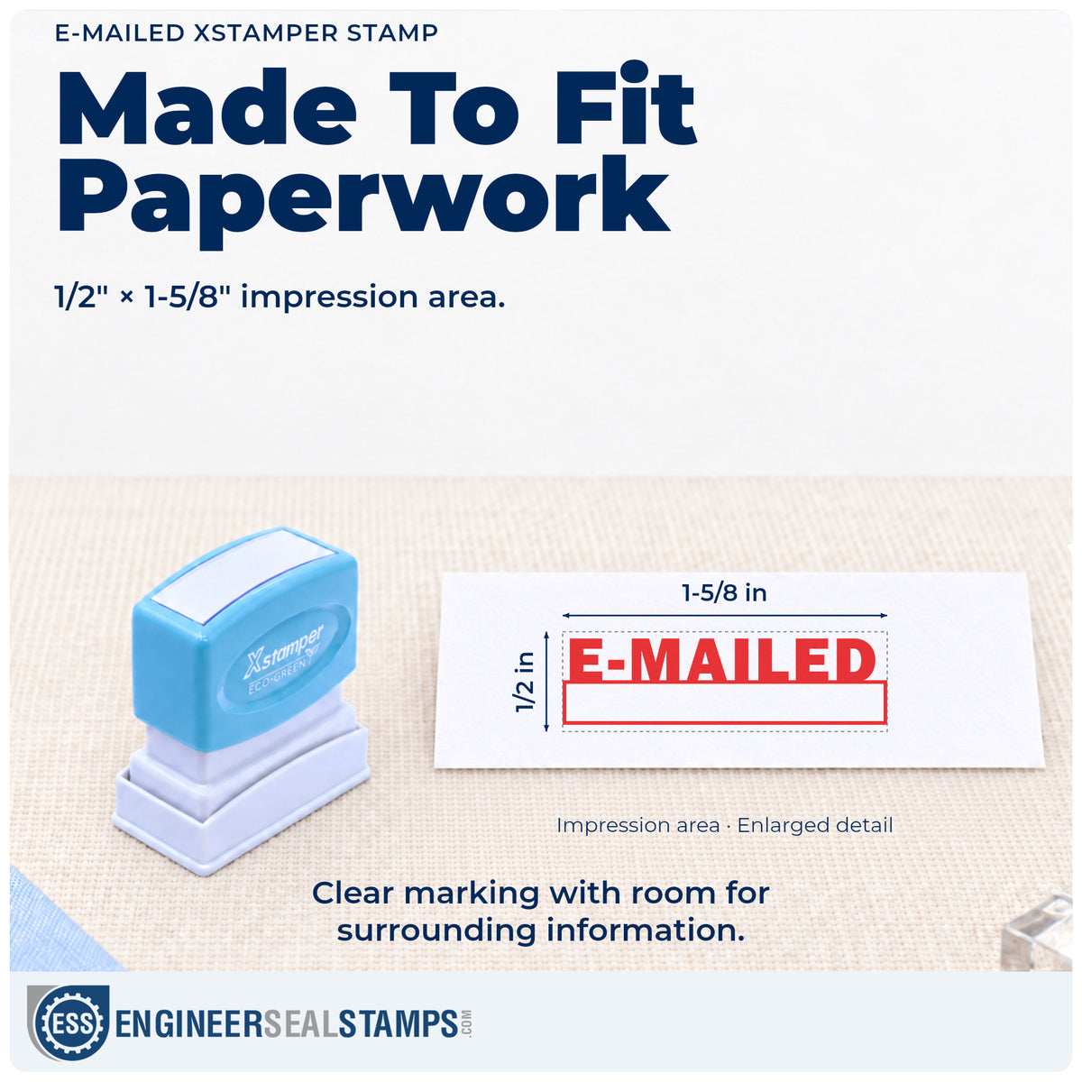 Impression size guide: the "E-mailed" imprint measures Approximately 1/2 in tall x 1-5/8 in wide