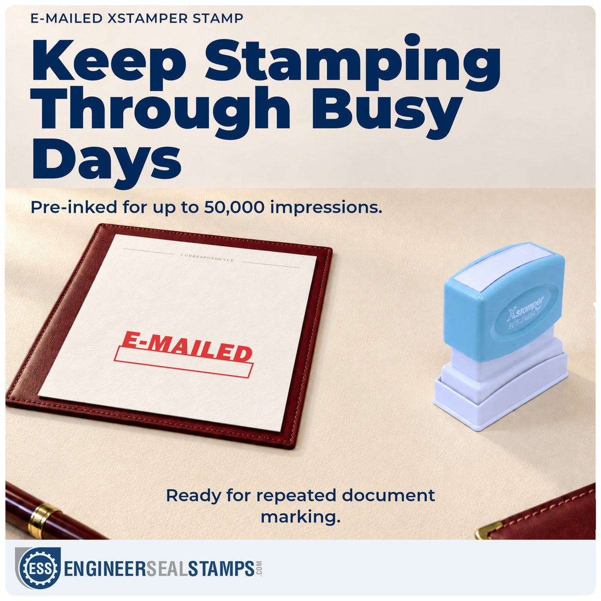Re-inkable "E-mailed" stamp built for thousands of repeat impressions