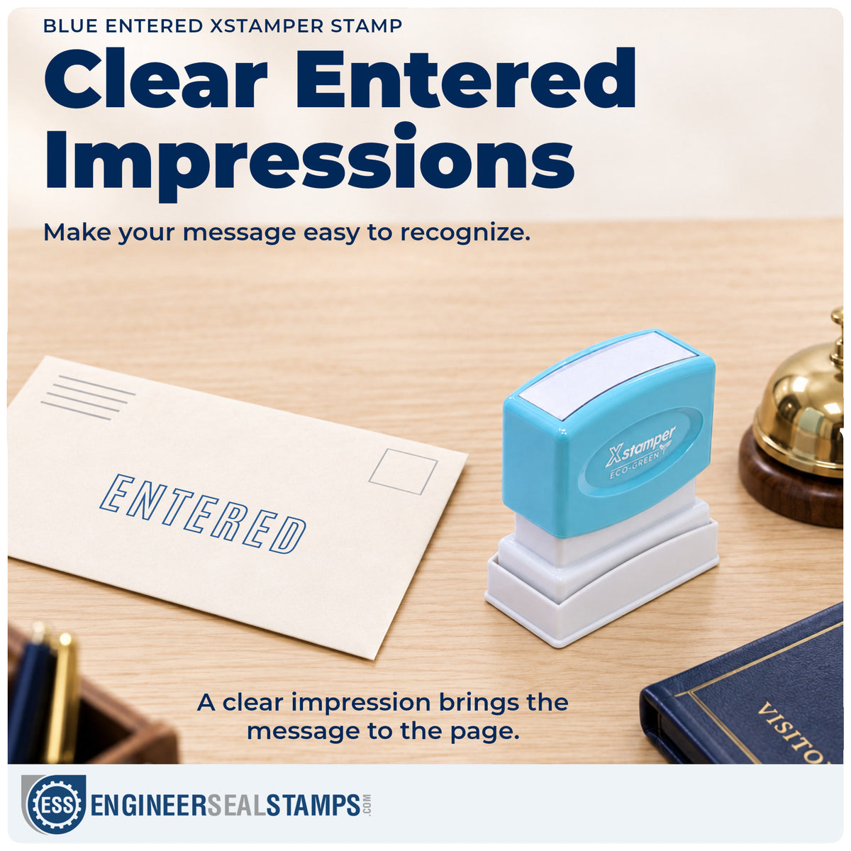 "Entered" imprint on office paperwork beside the Entered Stamp For Data Entry Records – Blue Pre-Inked Xstamper