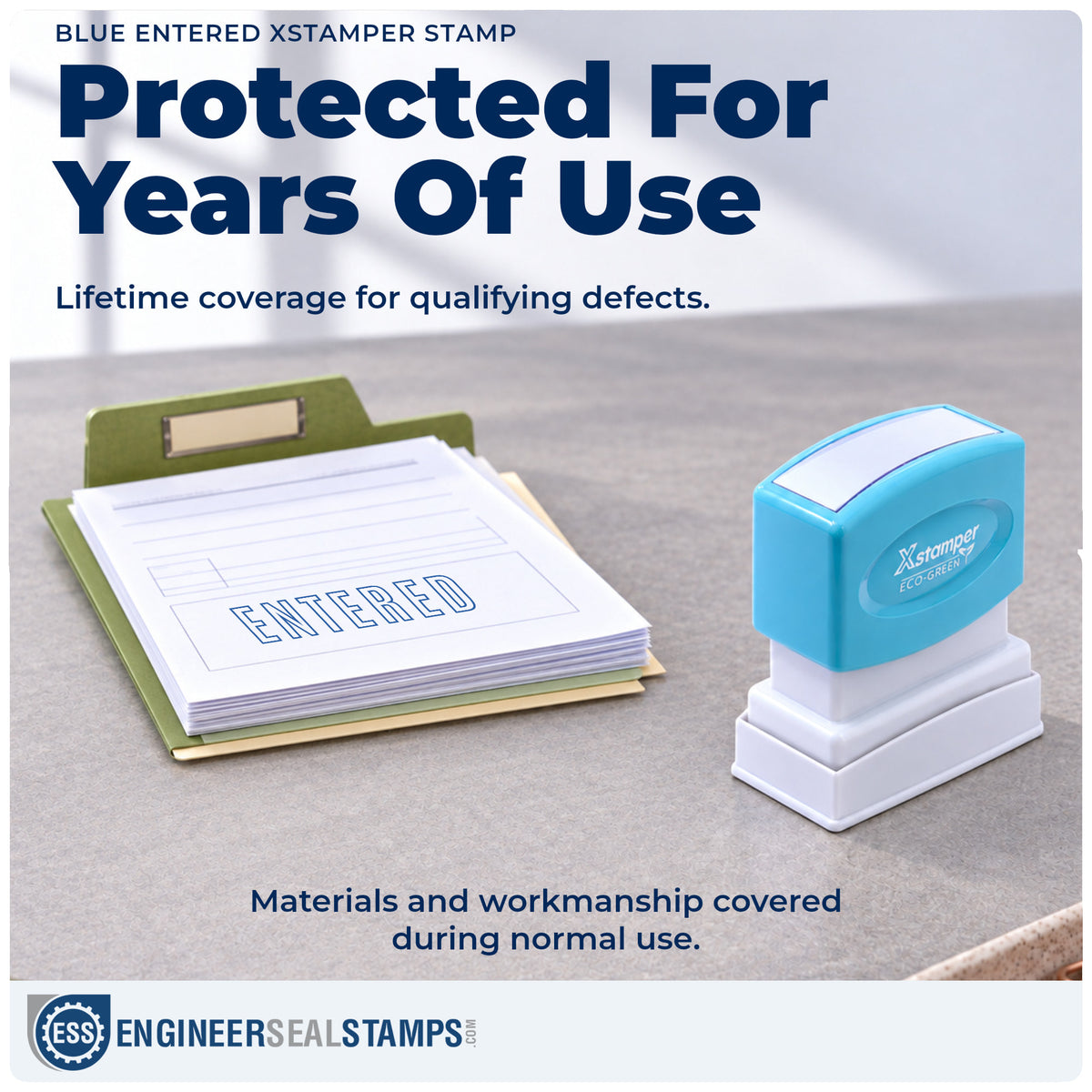 Lifetime guarantee coverage on the "Entered" Xstamper pre-inked stamp