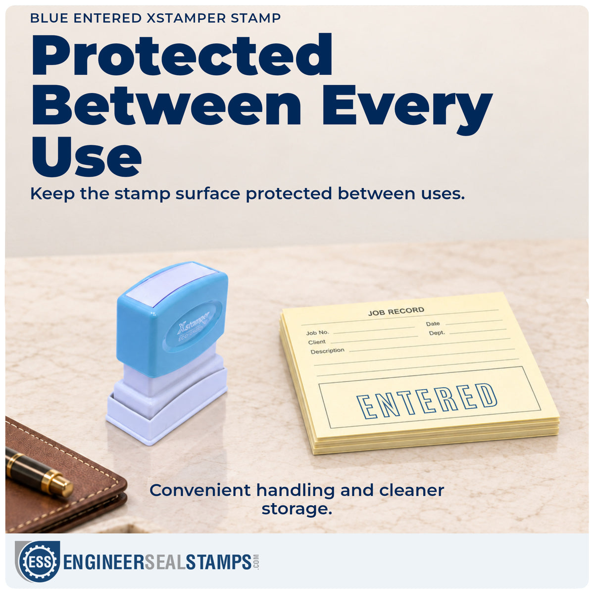 Features of the "Entered" Xstamper No. 1021 pre-inked stamp