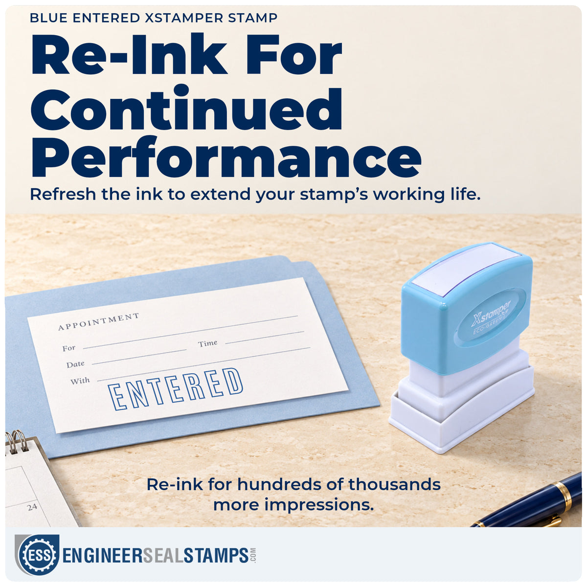 Re-inkable "Entered" stamp built for thousands of repeat impressions
