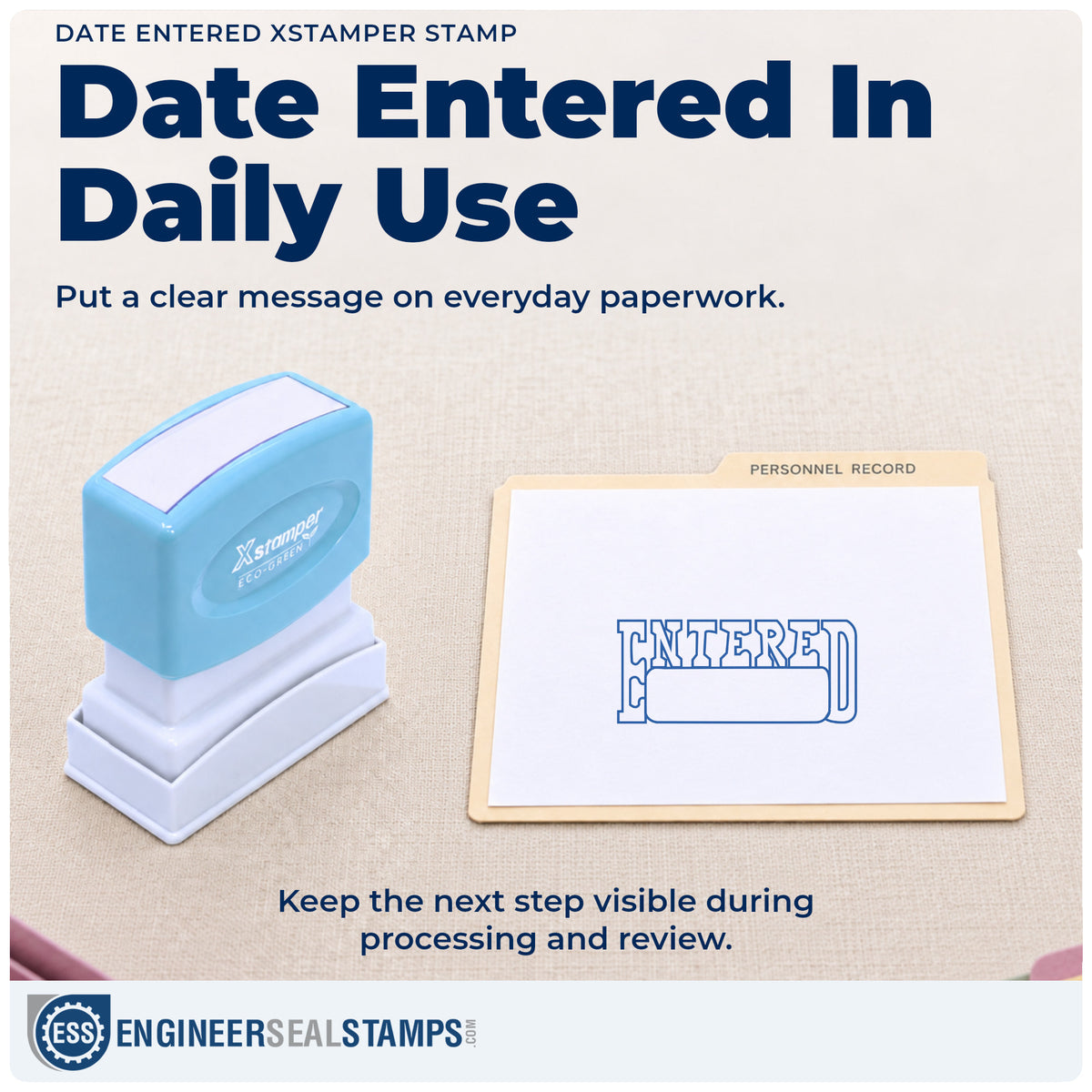 "Date entered" stamp being pressed onto a document during everyday filing