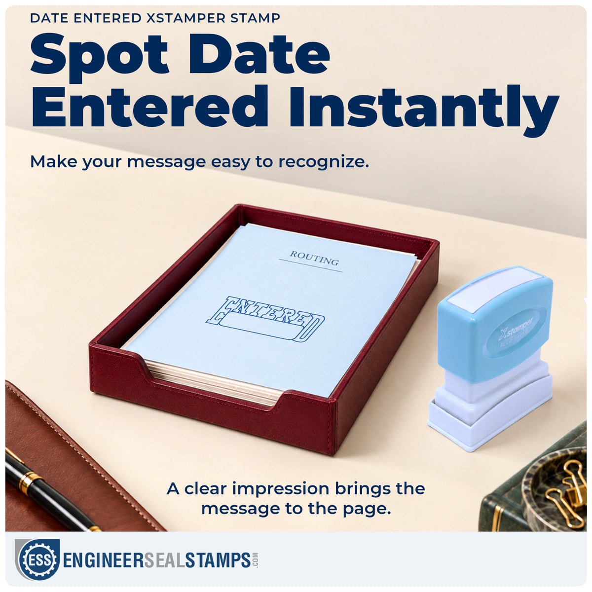 "Date entered" imprint on office paperwork beside the Date Entered Text Stamp – Pre-Inked Xstamper