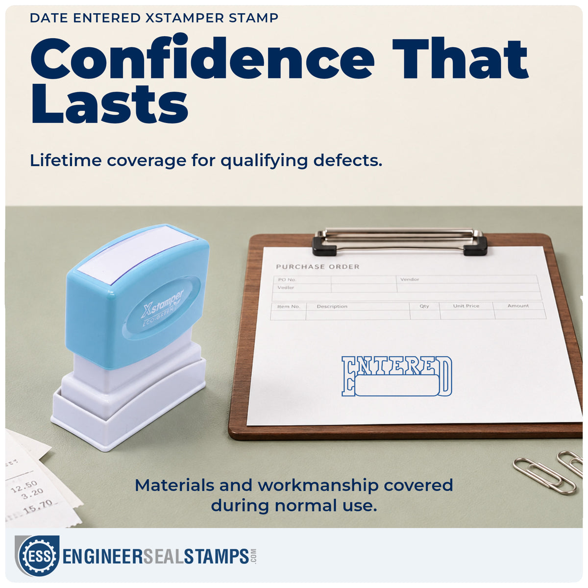 Lifetime guarantee coverage on the "Date entered" Xstamper pre-inked stamp