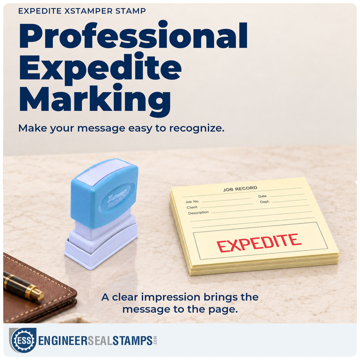 "Expedite" imprint on office paperwork beside the Expedite Priority Stamp – Pre-Inked Xstamper