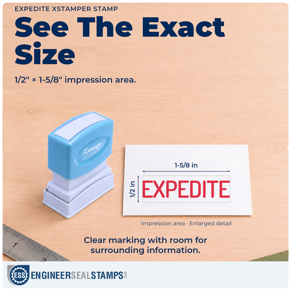 Impression size guide: the "Expedite" imprint measures 1/2 x 1-5/8 in