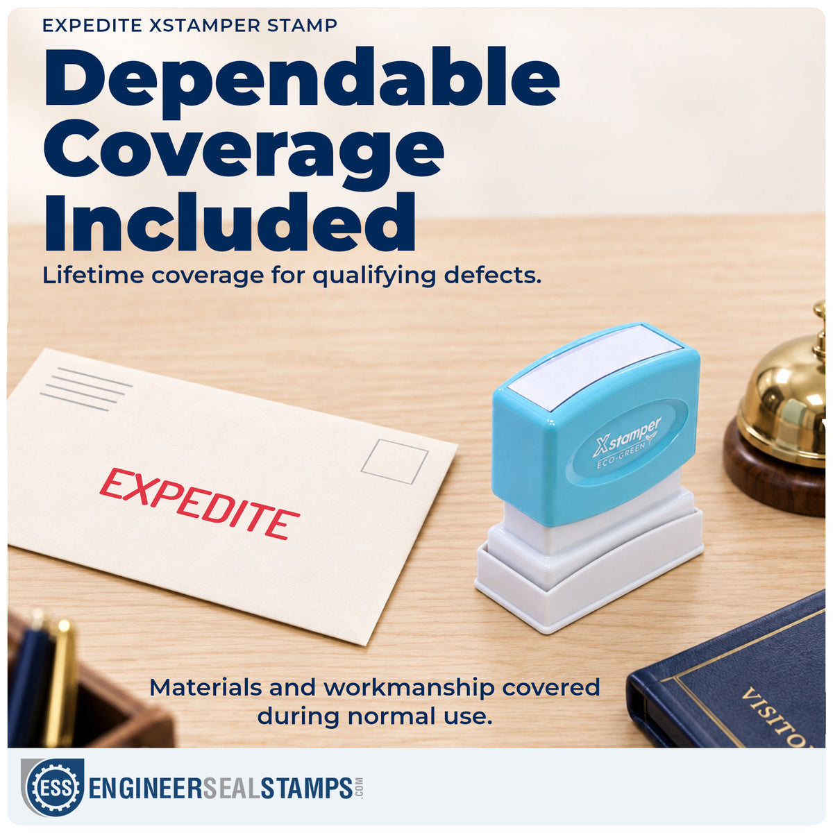 Lifetime guarantee coverage on the "Expedite" Xstamper pre-inked stamp