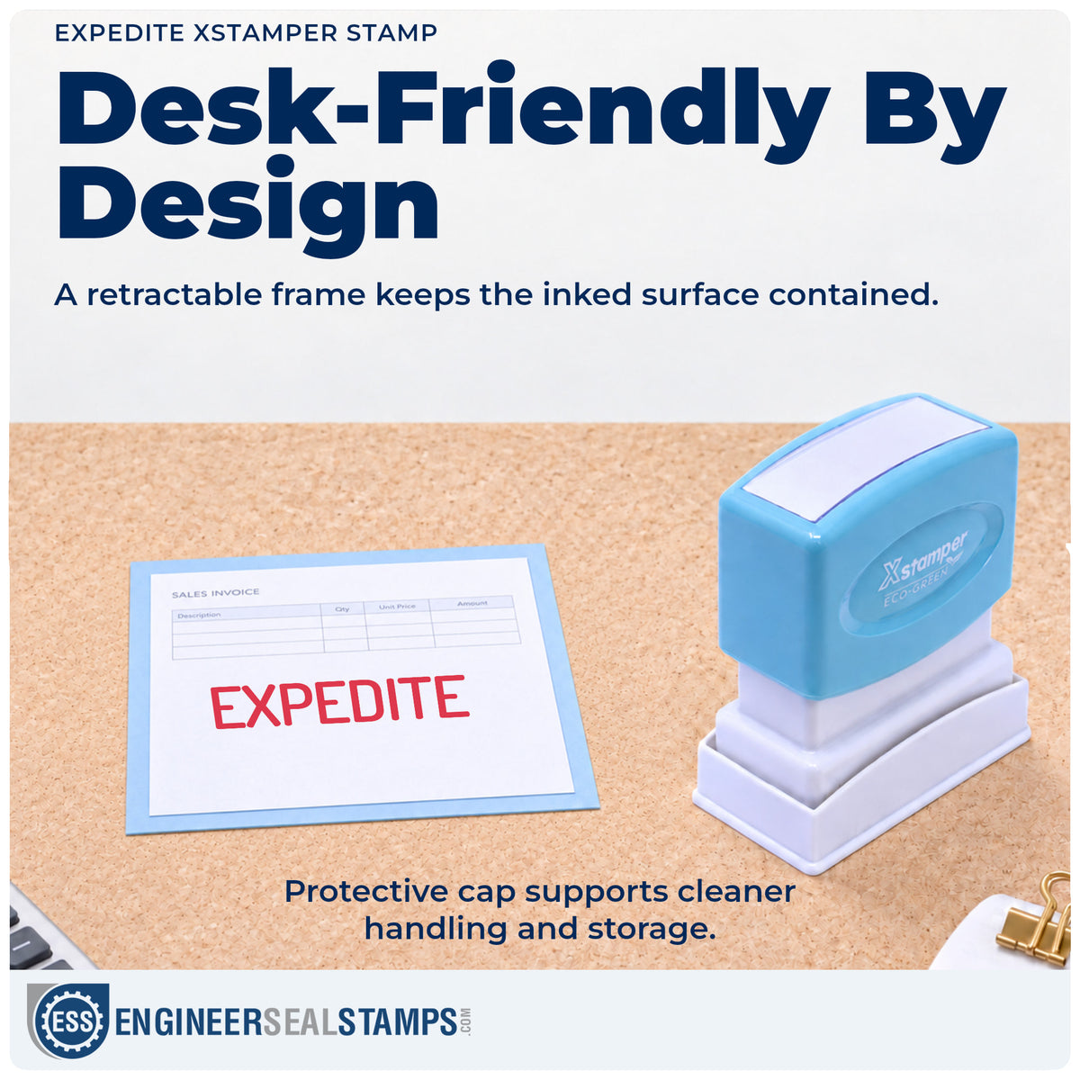 Features of the "Expedite" Xstamper No. 1034 pre-inked stamp