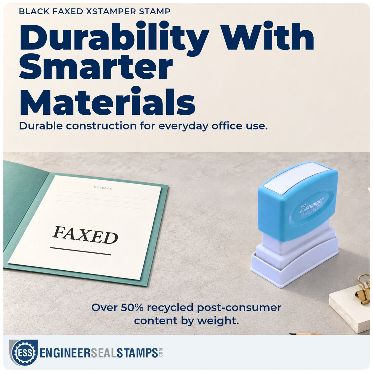 Features of the "Faxed" Xstamper No. 1216 pre-inked stamp