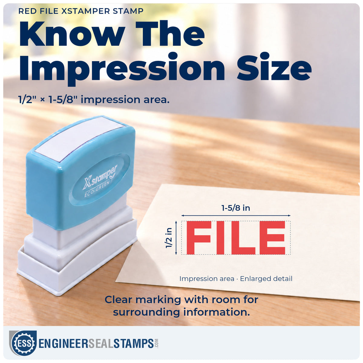 Impression size guide: the "File" imprint measures 1/2 x 1-5/8 in