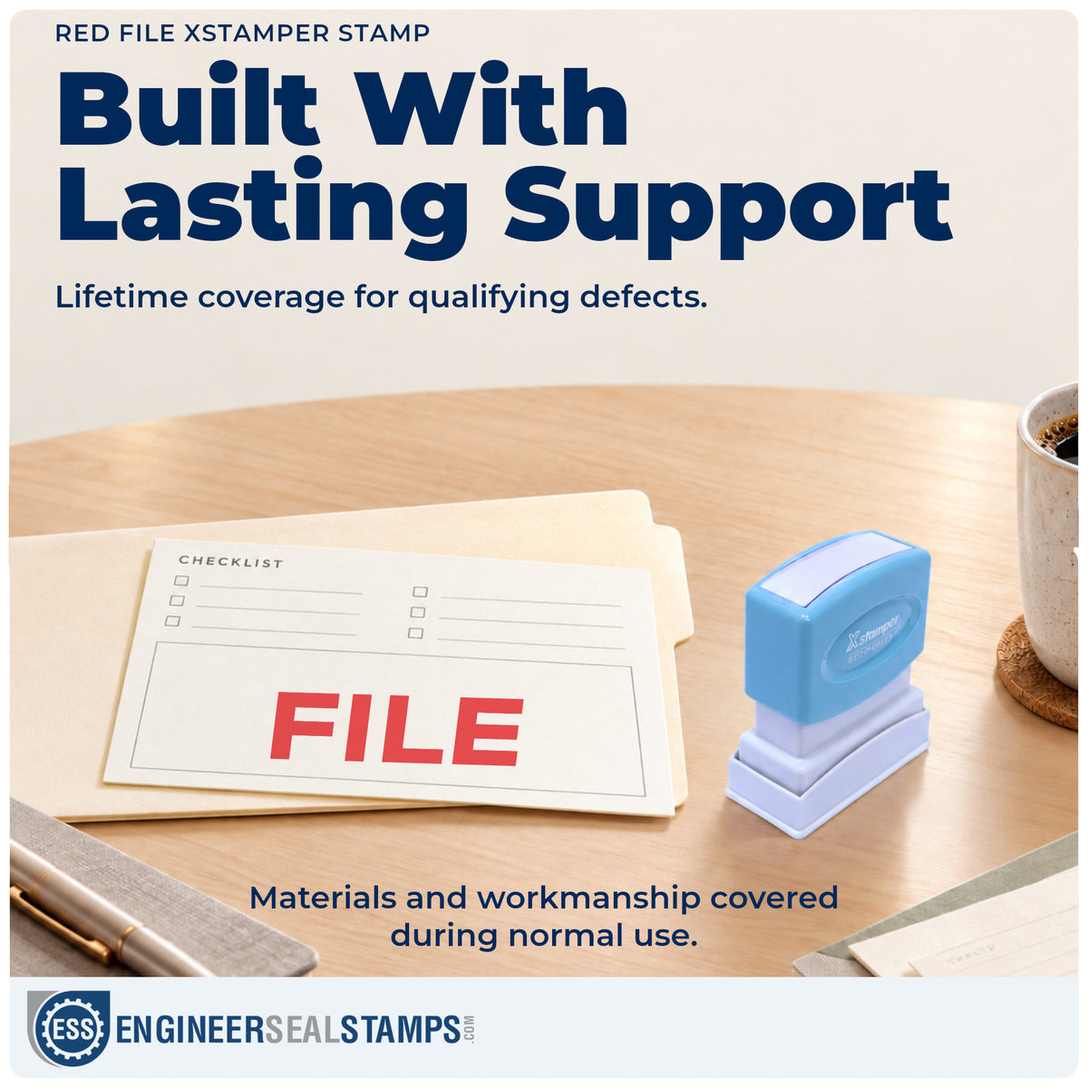 Lifetime guarantee coverage on the "File" Xstamper pre-inked stamp