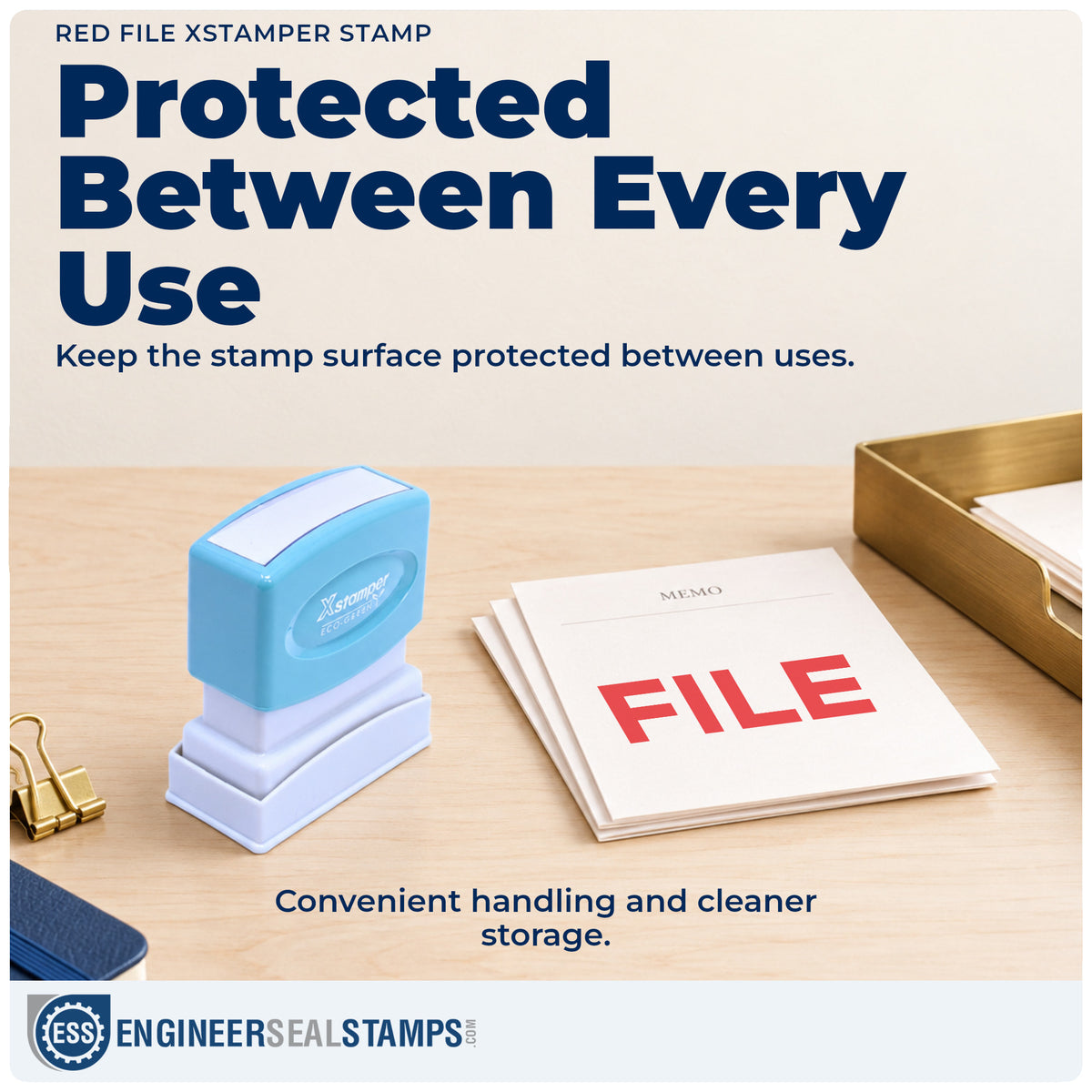 Features of the "File" Xstamper No. 1051 pre-inked stamp