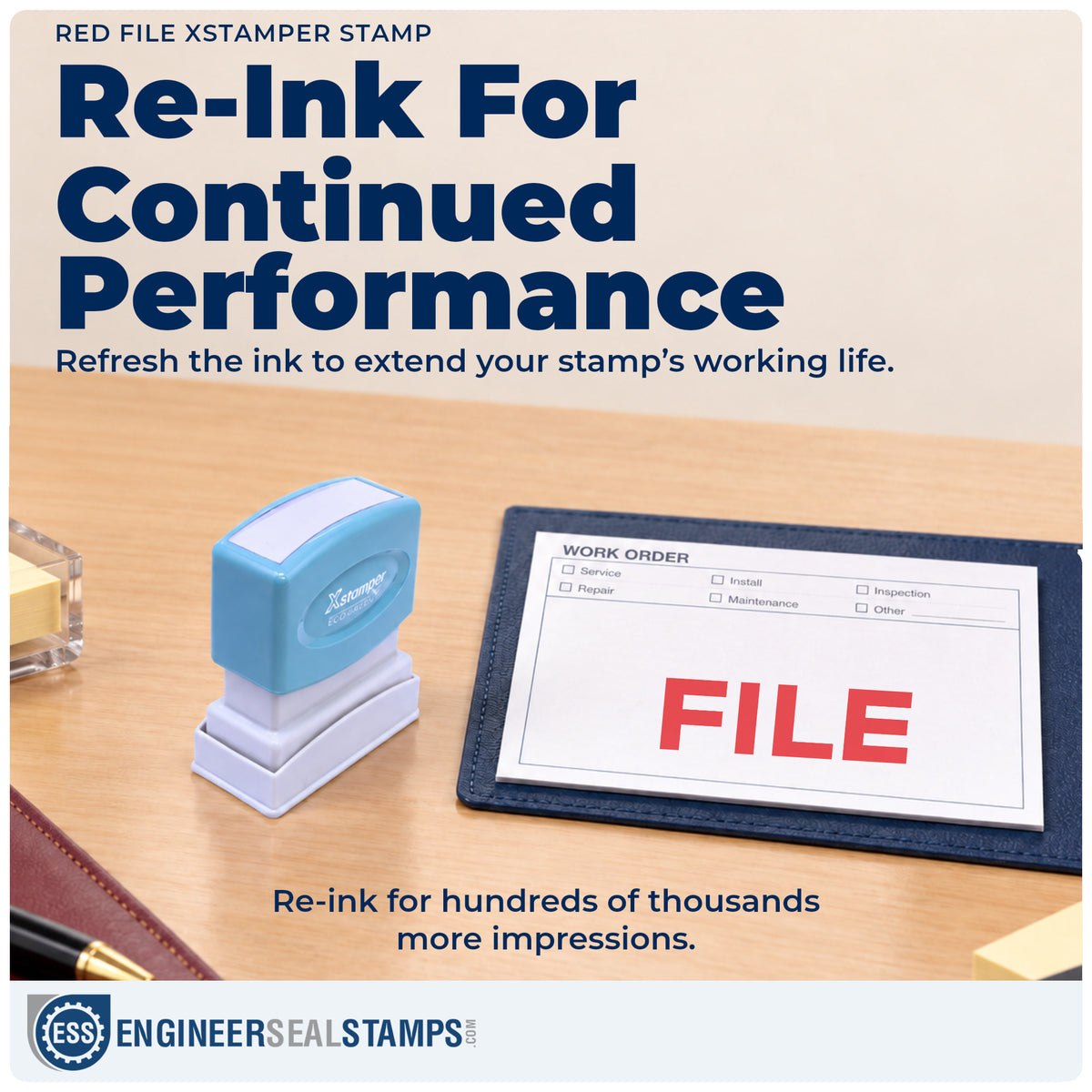 Re-inkable "File" stamp built for thousands of repeat impressions