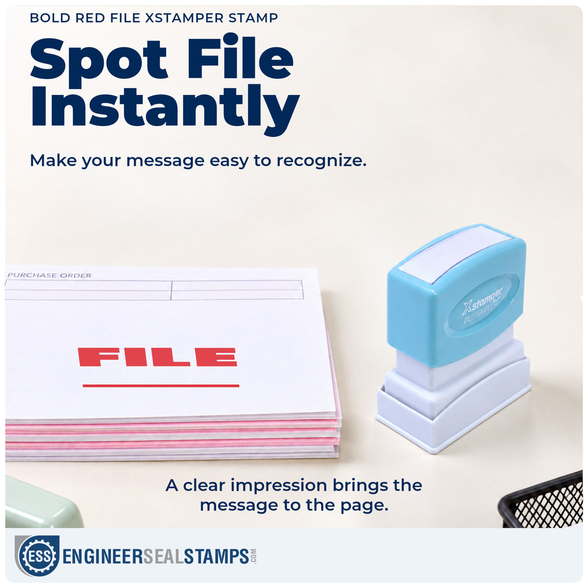 "File" imprint on office paperwork beside the Bold Red File Office Stamp – Pre-Inked Xstamper