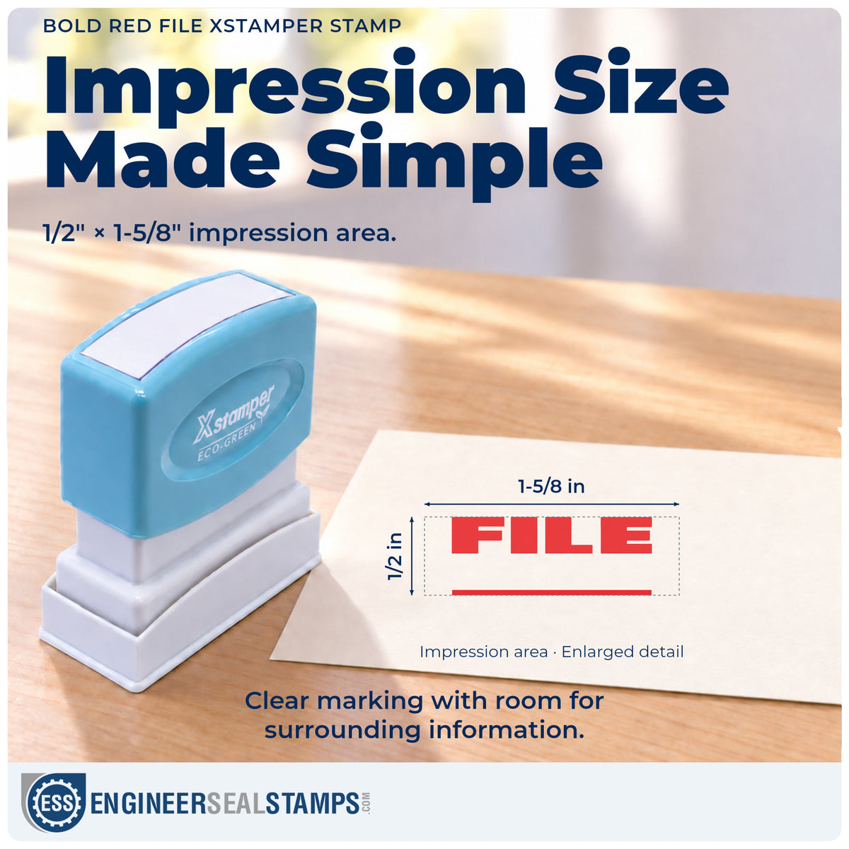 Impression size guide: the "File" imprint measures Approximately 1/2 in tall x 1-5/8 in wide