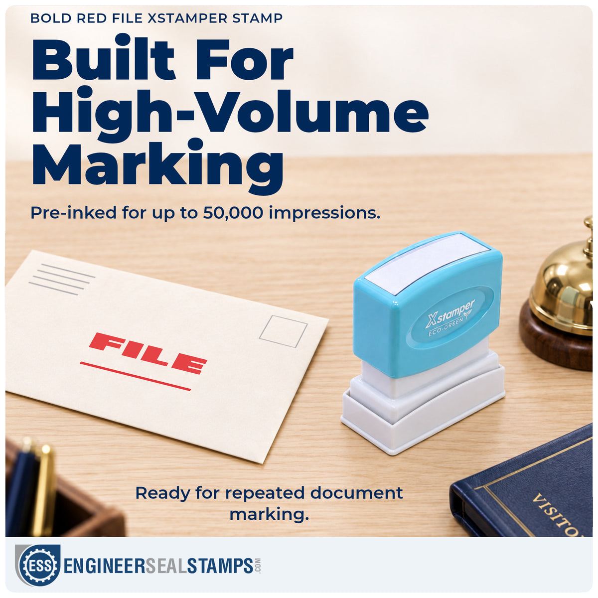 Re-inkable "File" stamp built for thousands of repeat impressions