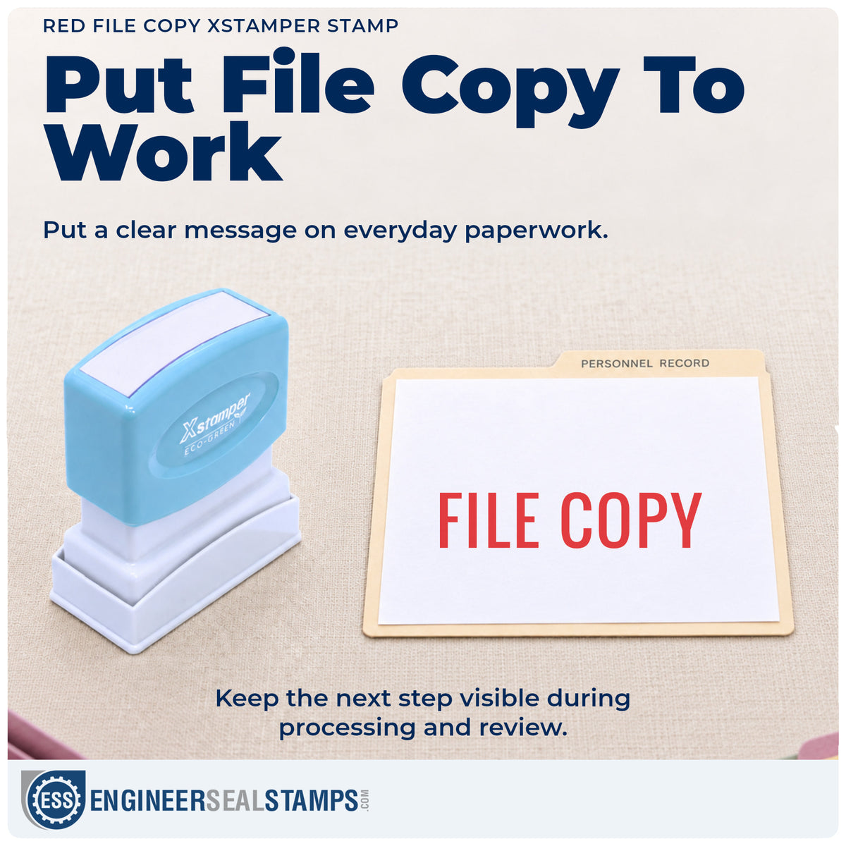 "File copy" stamp being pressed onto a document during everyday filing
