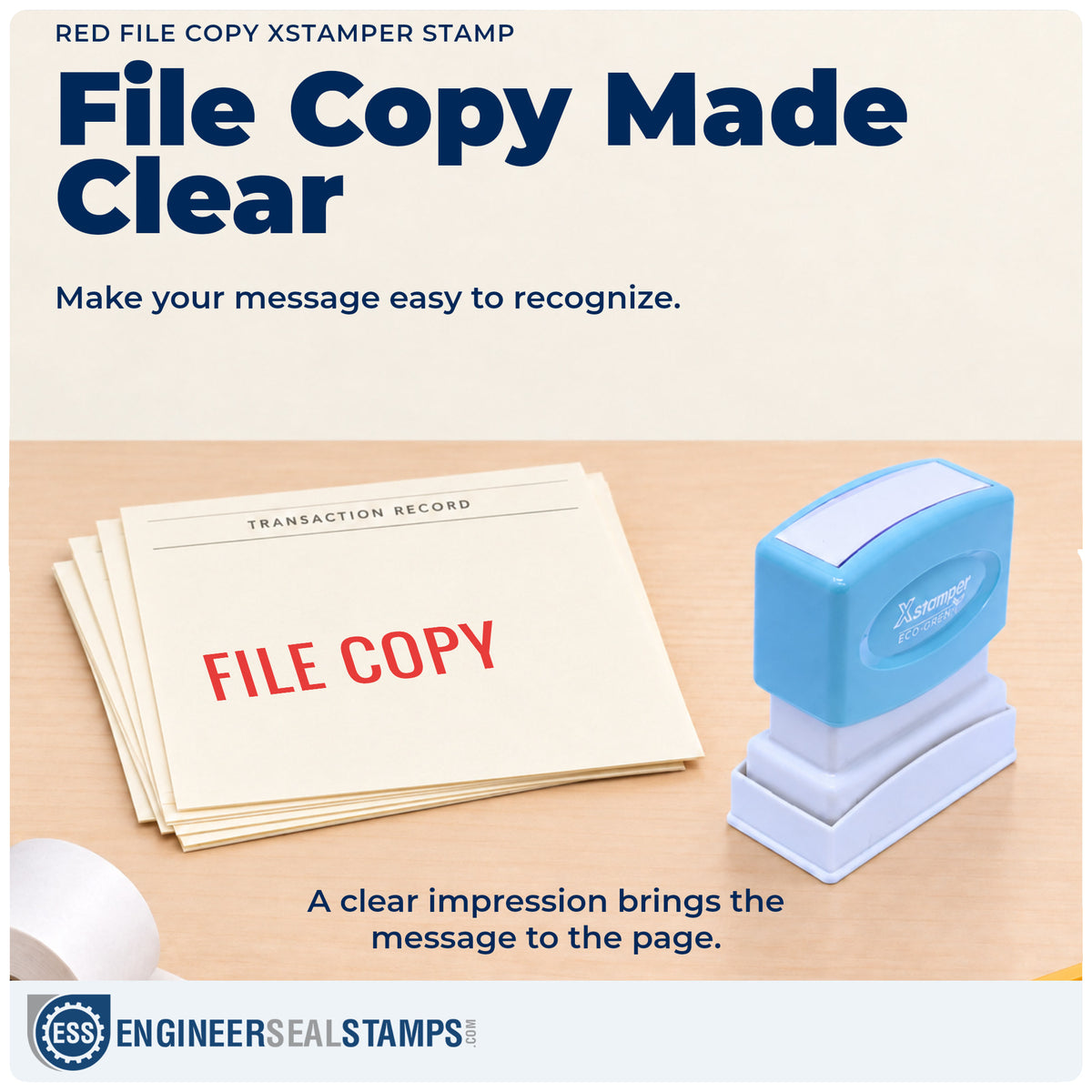 "File copy" imprint on office paperwork beside the Xstamper File Copy Stamp – Red Pre-Inked
