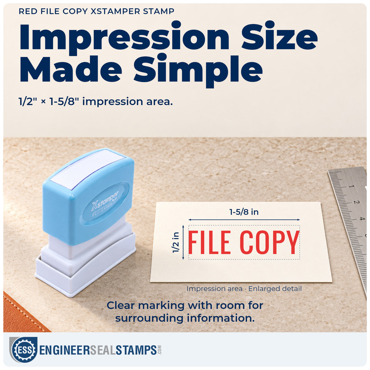 Impression size guide: the "File copy" imprint measures 1/2 x 1-5/8 in