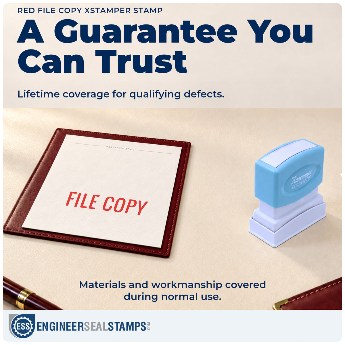 Lifetime guarantee coverage on the "File copy" Xstamper pre-inked stamp