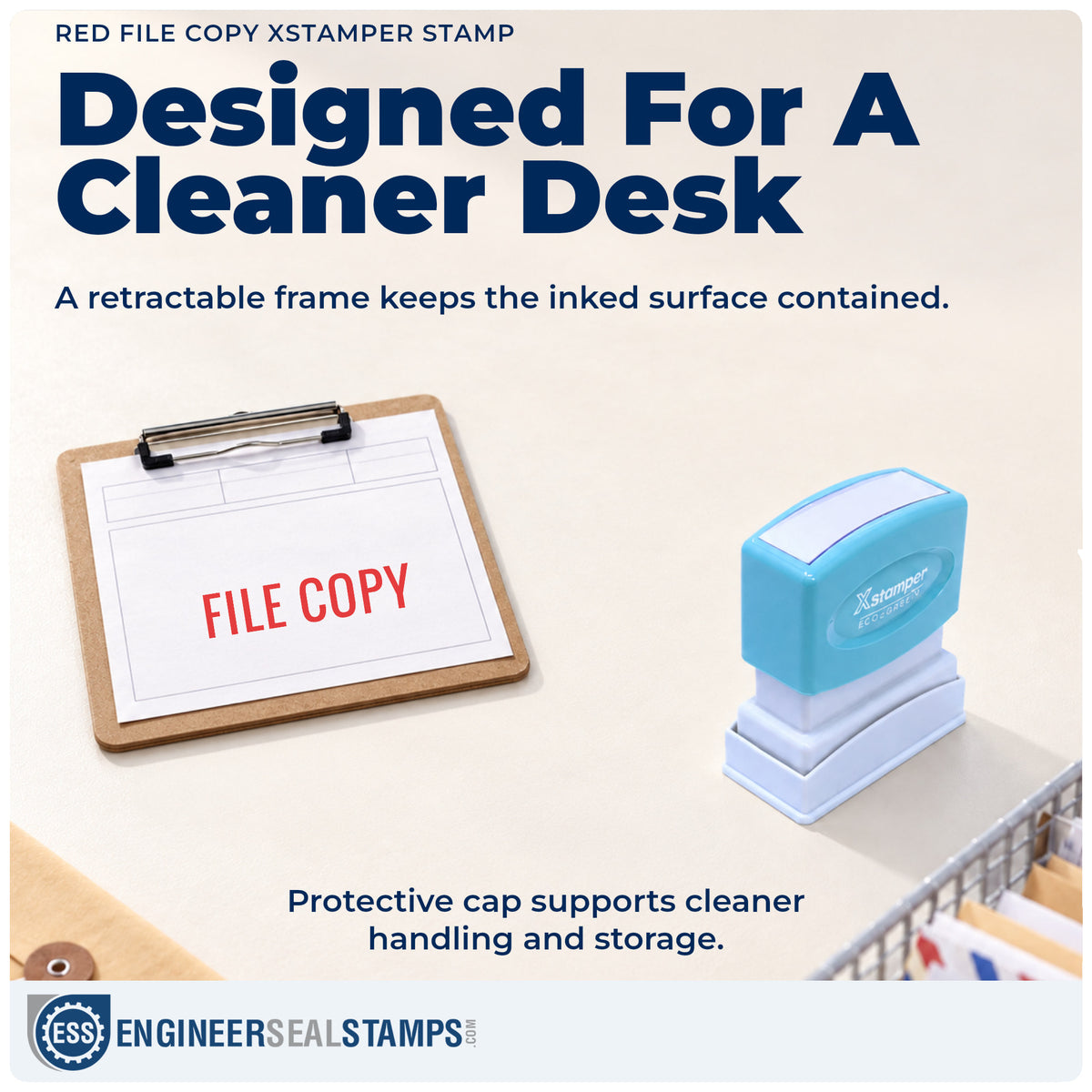 Features of the "File copy" Xstamper No. 1071 pre-inked stamp