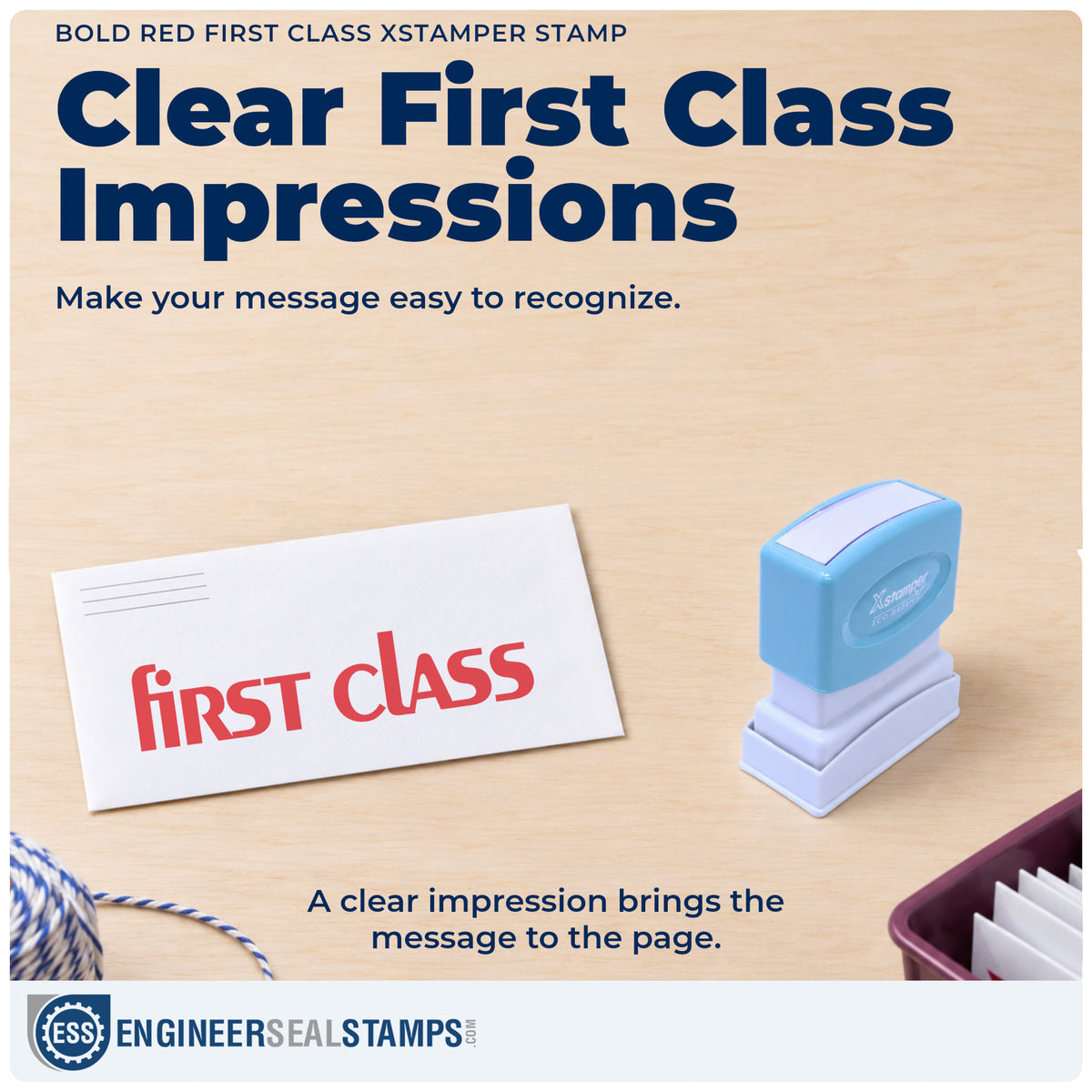 "First class" imprint on office paperwork beside the Xstamper First Class Envelope Stamp – Bold Red Pre-Inked