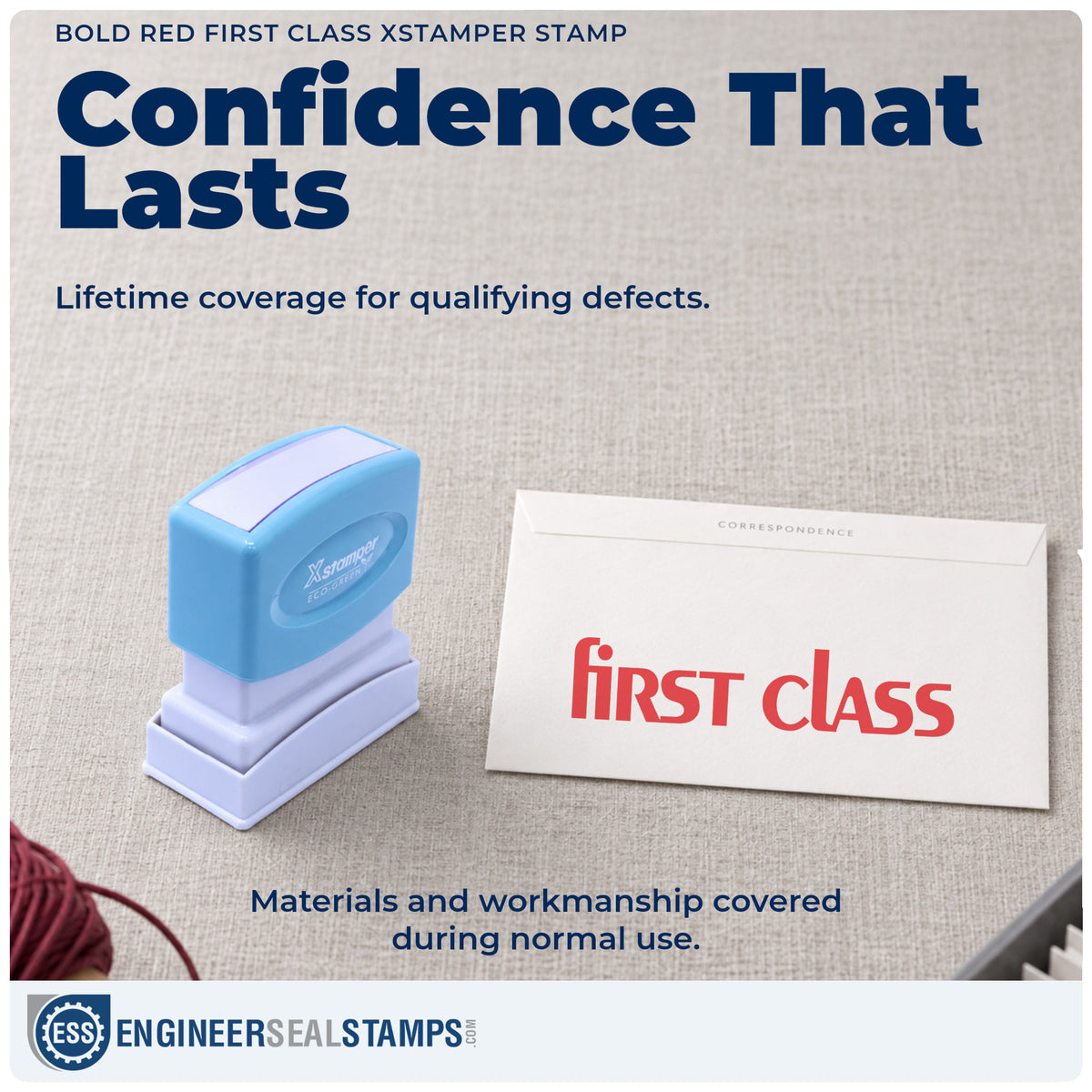 Lifetime guarantee coverage on the "First class" Xstamper pre-inked stamp