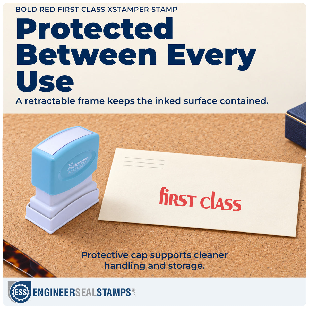 Features of the "First class" Xstamper No. 1332 pre-inked stamp