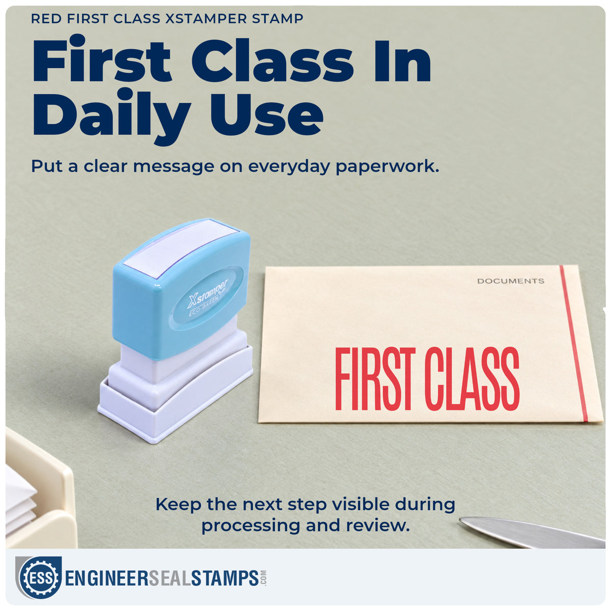 "First class" stamp being pressed onto a document during everyday filing