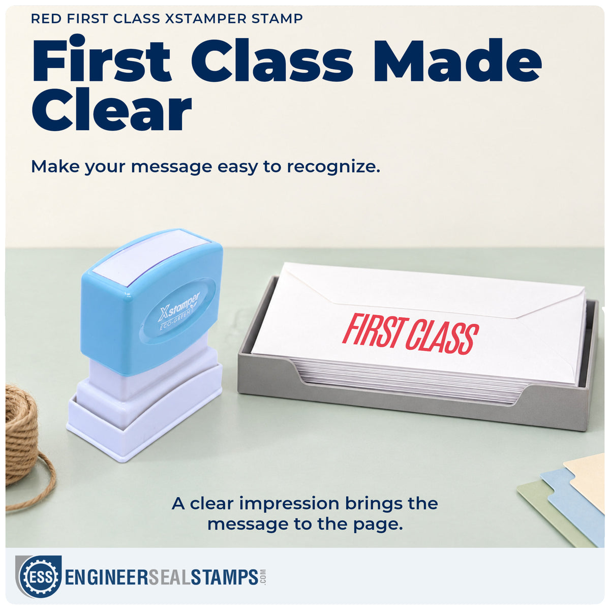 "First class" imprint on office paperwork beside the First Class Stamp – Red Pre-Inked Xstamper