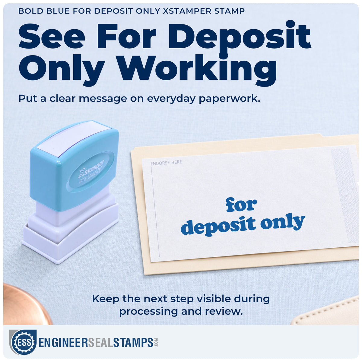 "For deposit only" stamp being pressed onto a document during everyday filing