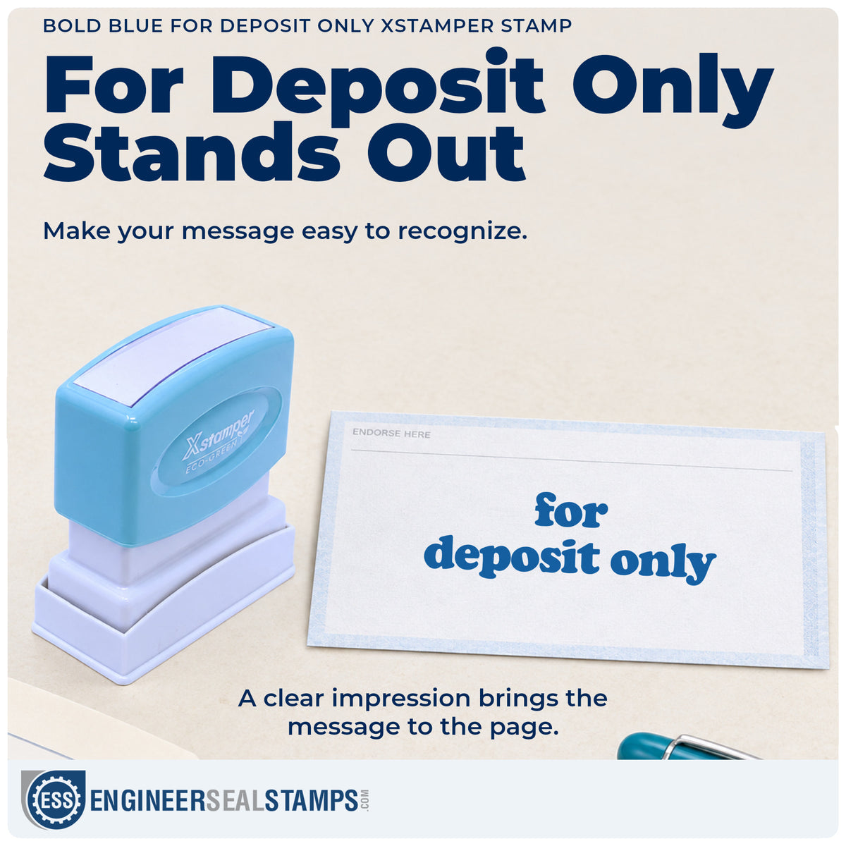 "For deposit only" imprint on office paperwork beside the Bold Blue For Deposit Only Stamp – Pre-Inked Xstamper