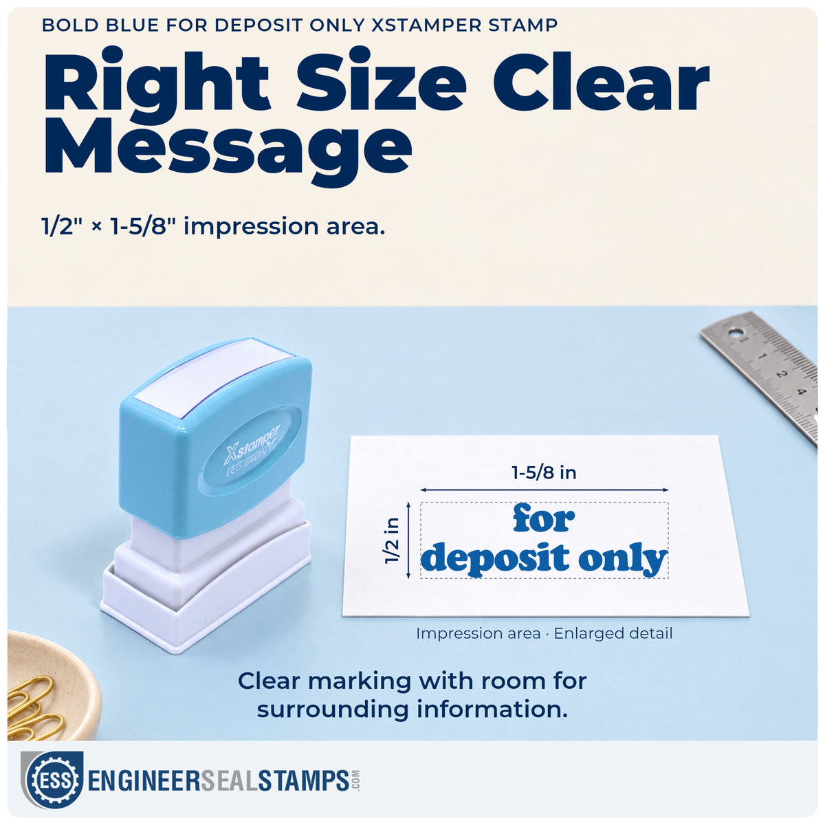 Impression size guide: the "For deposit only" imprint measures 1/2 x 1-5/8 in