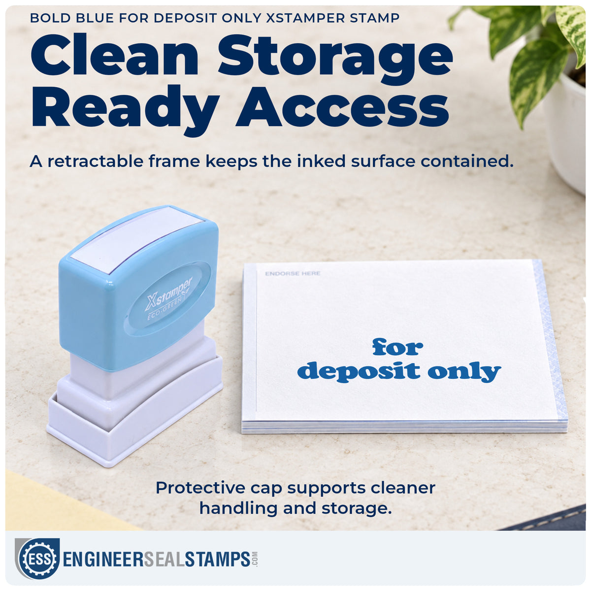 Features of the "For deposit only" Xstamper No. 1333 pre-inked stamp