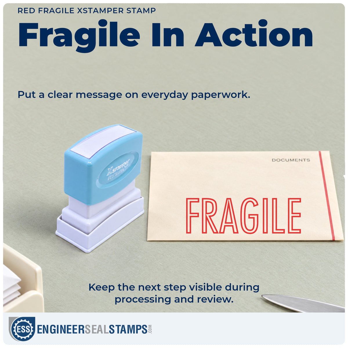 "Fragile" stamp being pressed onto a document during everyday filing