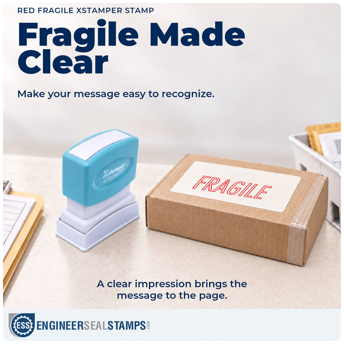 "Fragile" imprint on office paperwork beside the Red Fragile Stamp – Pre-Inked Xstamper