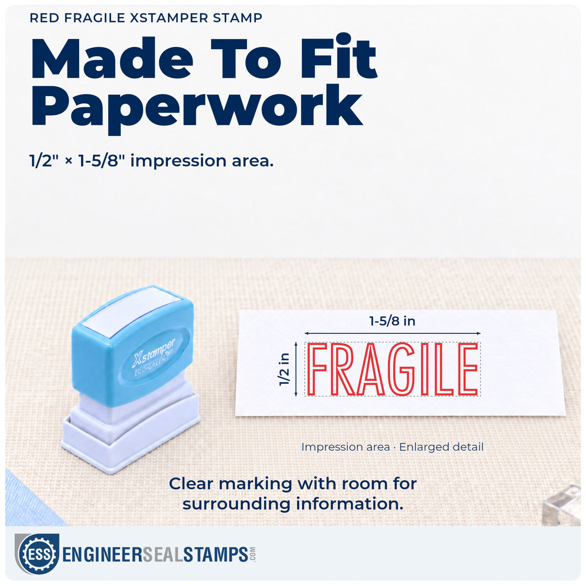 Impression size guide: the "Fragile" imprint measures Approximately 1/2 in tall x 1-5/8 in wide