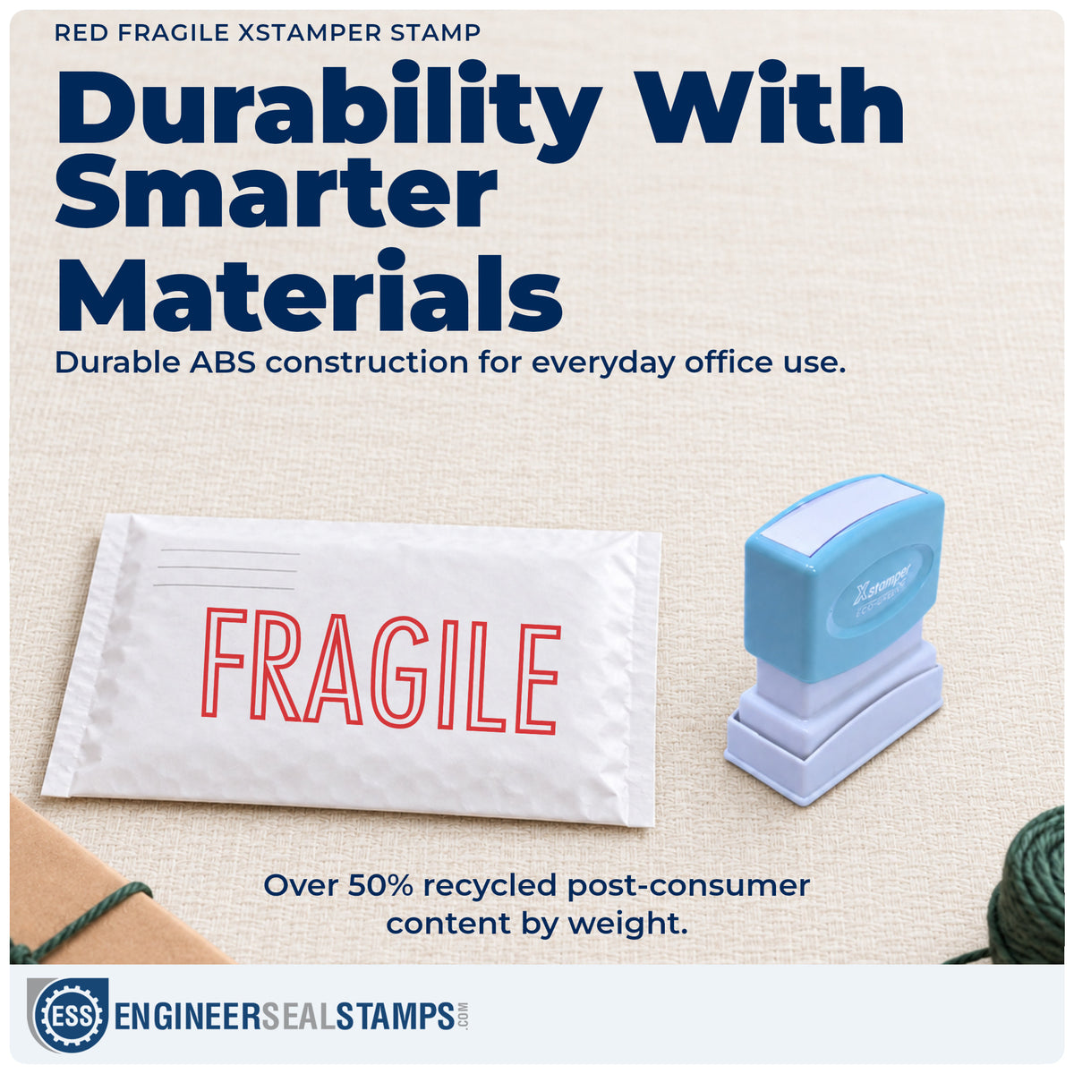 Features of the "Fragile" Xstamper No. 1010 pre-inked stamp