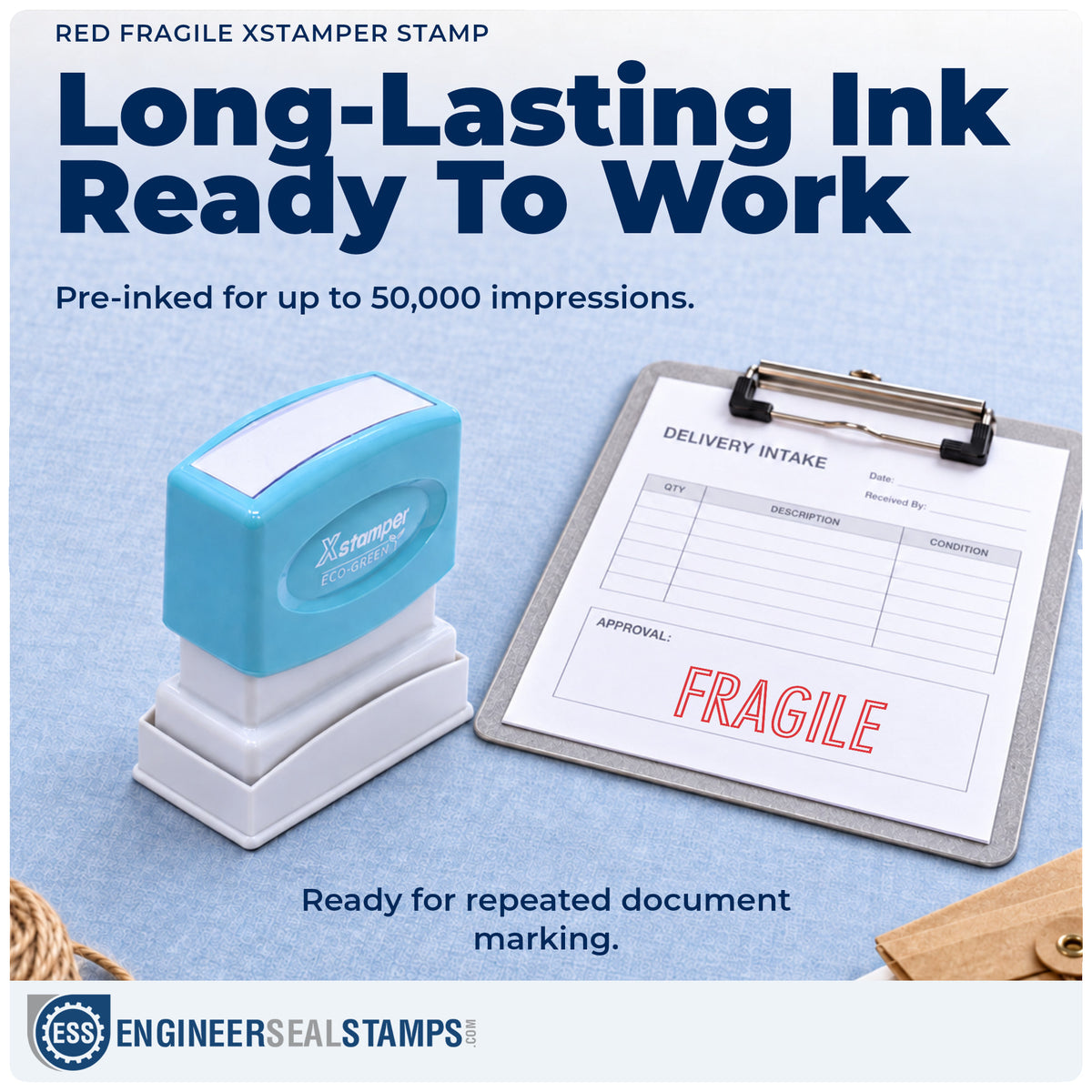 Re-inkable "Fragile" stamp built for thousands of repeat impressions