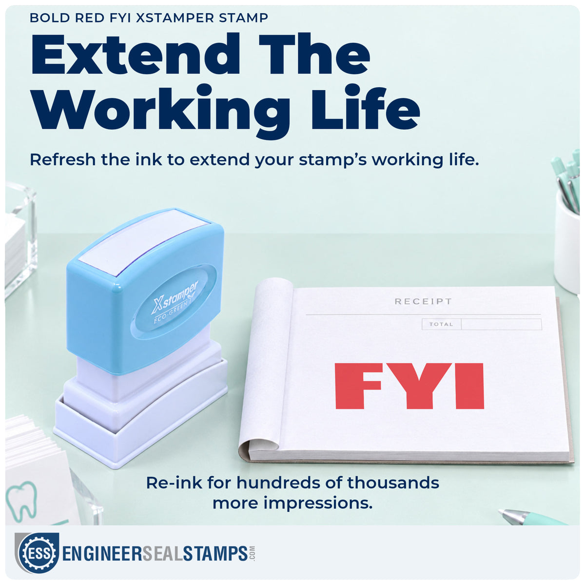 Re-inkable "FYI" stamp built for thousands of repeat impressions