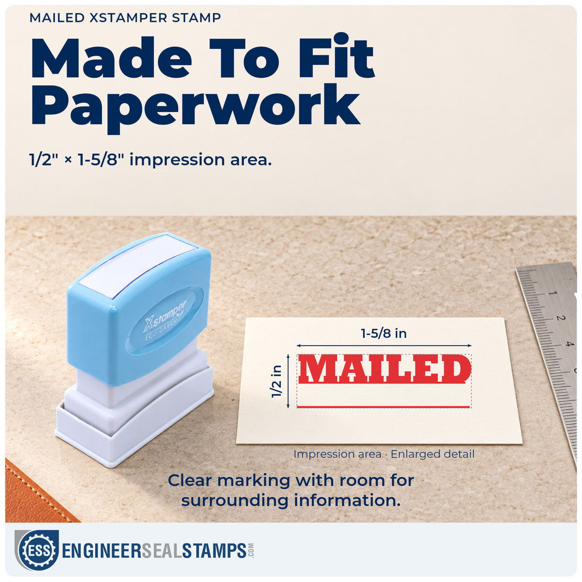 Impression size guide: the "Mailed" imprint measures Approximately 1/2 in tall x 1-5/8 in wide
